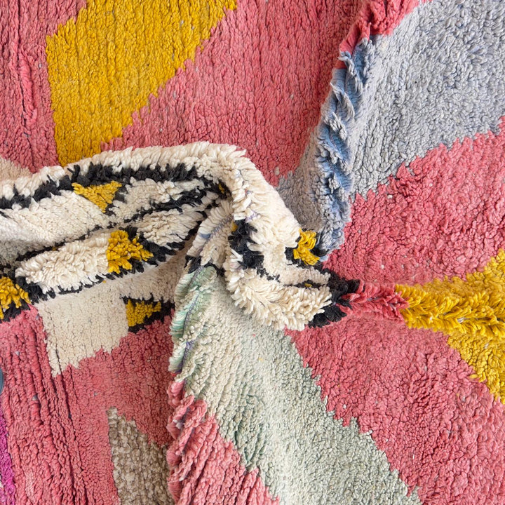 Vintage Moroccan wool rug pink and yellow with tribal geometric pattern handmade Berber rug