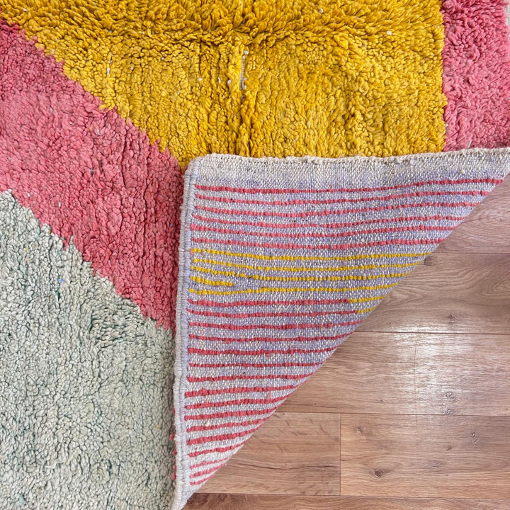 Vintage Moroccan wool rug pink and yellow with tribal geometric pattern handmade Berber rug
