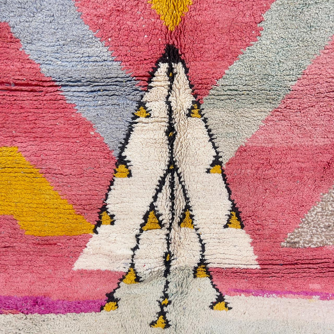 Vintage Moroccan wool rug pink and yellow with tribal geometric pattern handmade Berber rug