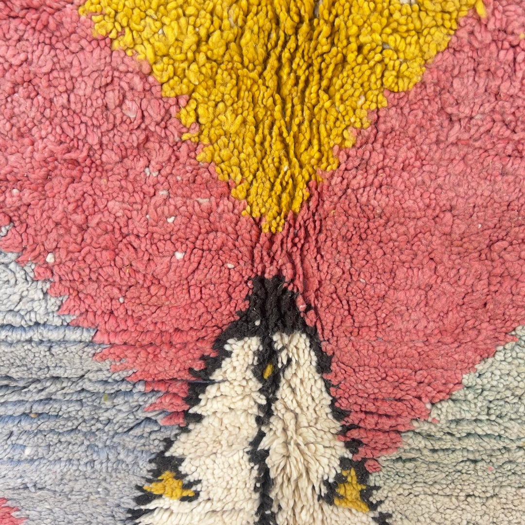 Vintage Moroccan wool rug pink and yellow with tribal geometric pattern handmade Berber rug