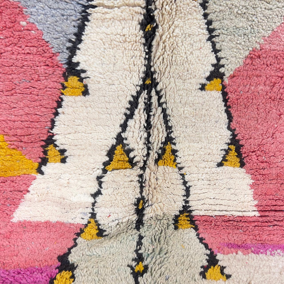 Vintage Moroccan wool rug pink and yellow with tribal geometric pattern handmade Berber rug
