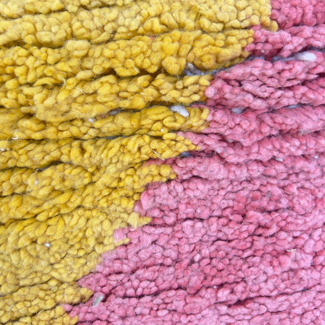 Vintage Moroccan wool rug pink and yellow with tribal geometric pattern handmade Berber rug
