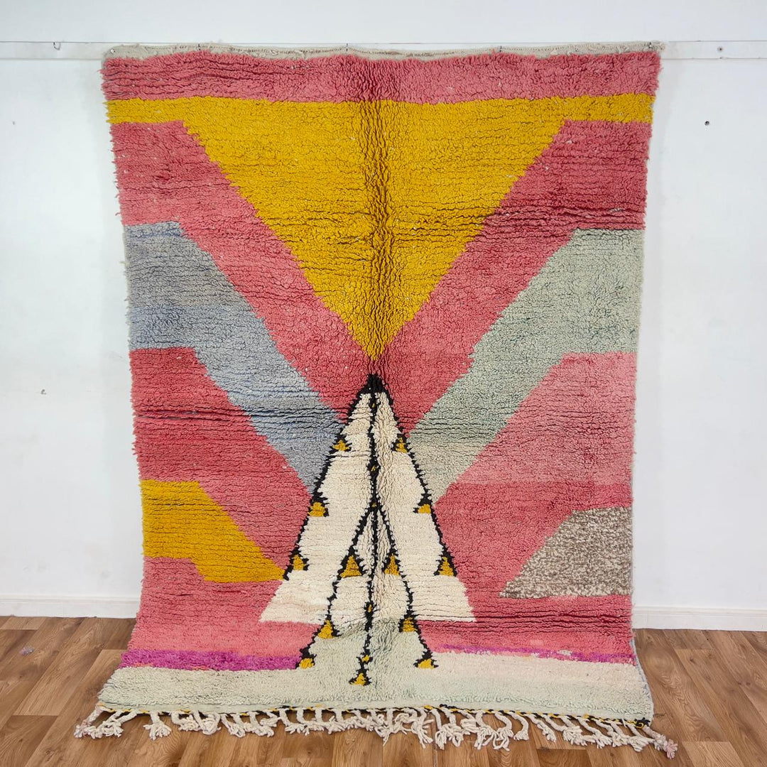 Vintage Moroccan wool rug pink and yellow with tribal geometric pattern handmade Berber rug