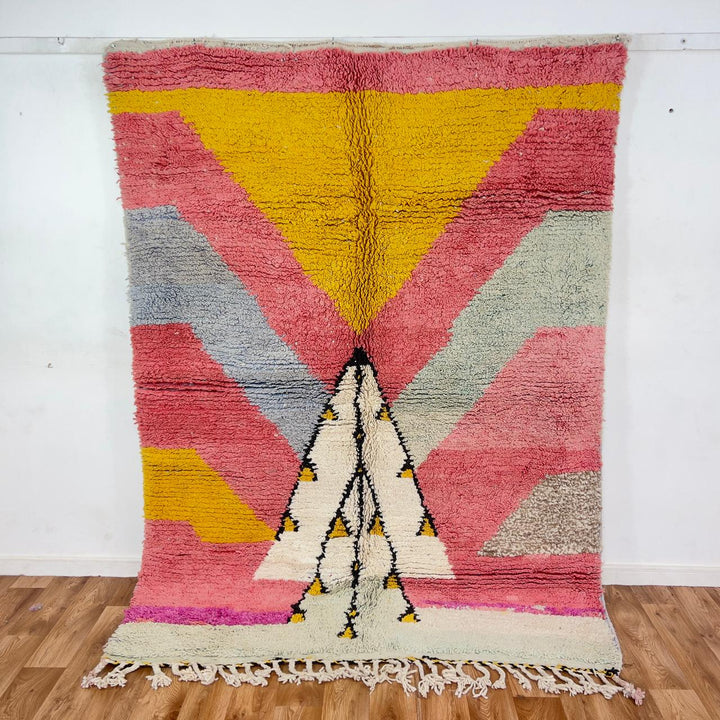 Vintage Moroccan wool rug pink and yellow with tribal geometric pattern handmade Berber rug