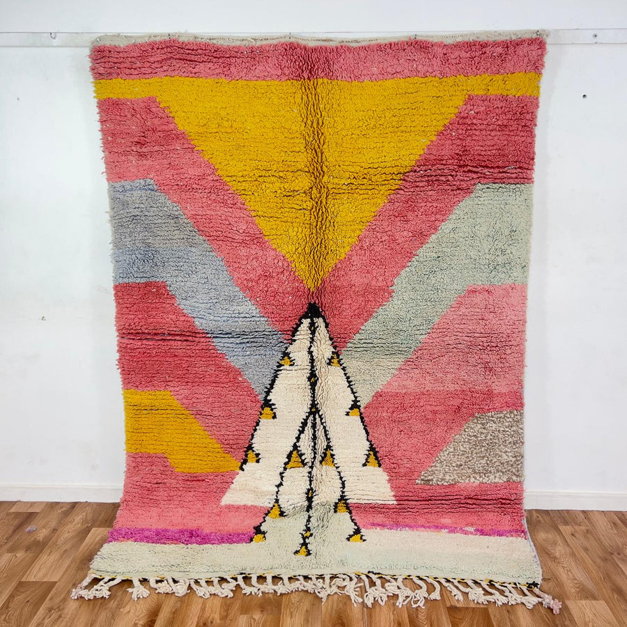 Vintage Moroccan wool rug pink and yellow with tribal geometric pattern handmade Berber rug