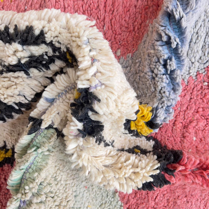 Vintage Moroccan wool rug pink and yellow with tribal geometric pattern handmade Berber rug
