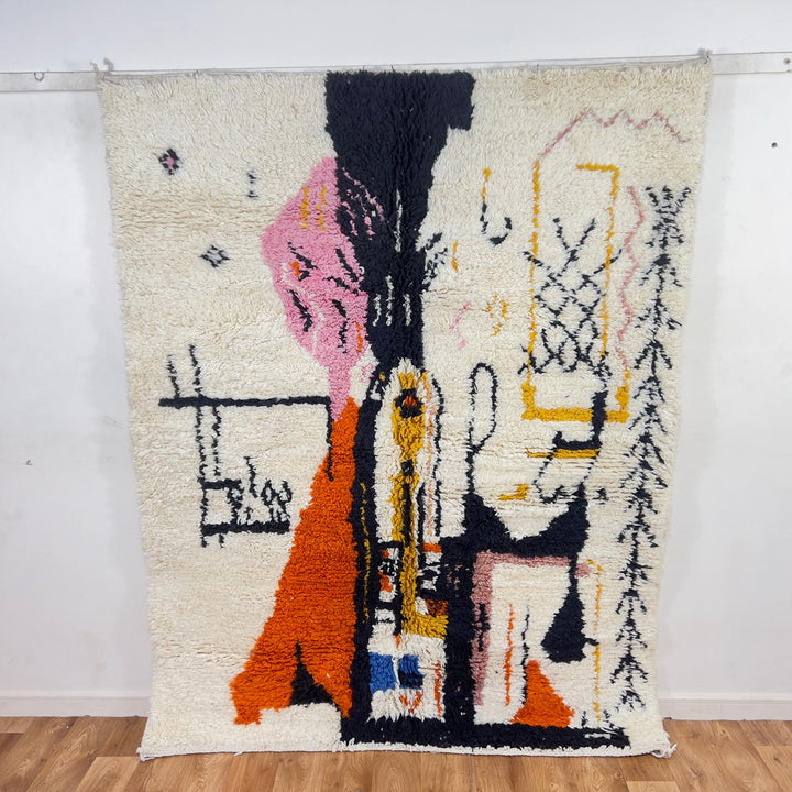 Vintage Moroccan wool rug abstract design ivory handmade Berber rug