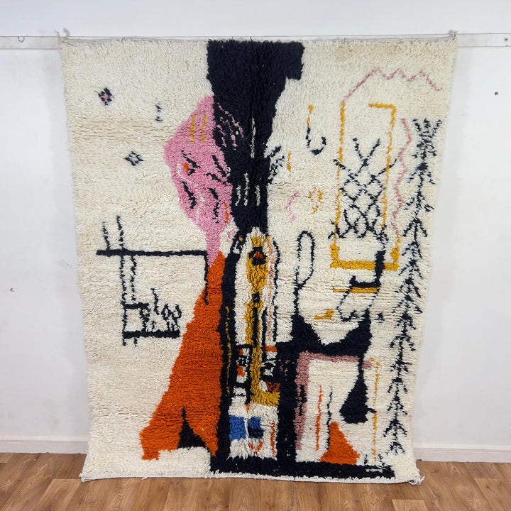 Vintage Moroccan wool rug abstract design ivory handmade Berber rug