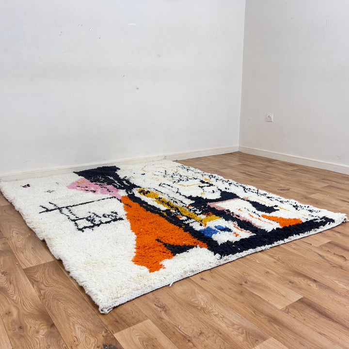 Vintage Moroccan wool rug abstract design ivory handmade Berber rug
