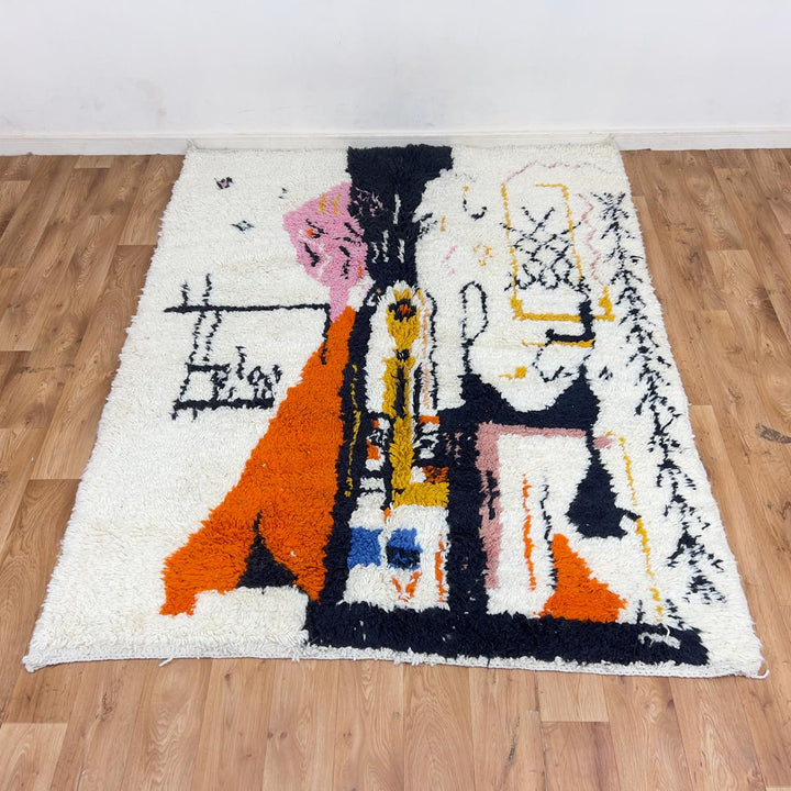 Vintage Moroccan wool rug abstract design ivory handmade Berber rug