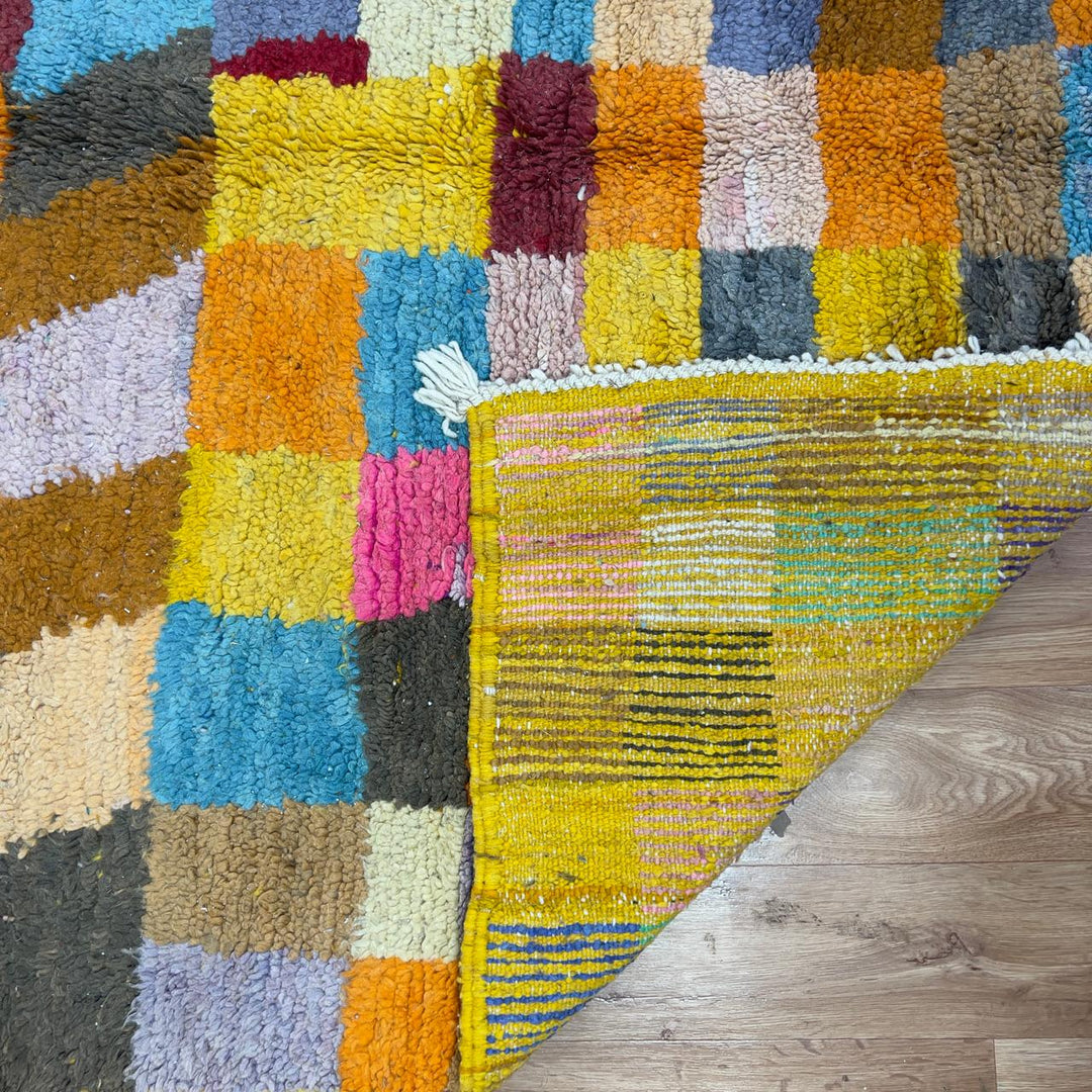 Vintage Moroccan wool rug 8.40 x 5.45 ft Rug 368 with abstract geometric mosaic design in pink, orange, beige, turquoise and earthy tones