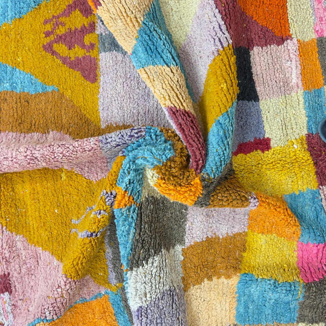 Vintage Moroccan wool rug 8.40 x 5.45 ft Rug 368 with abstract geometric mosaic design in pink, orange, beige, turquoise and earthy tones