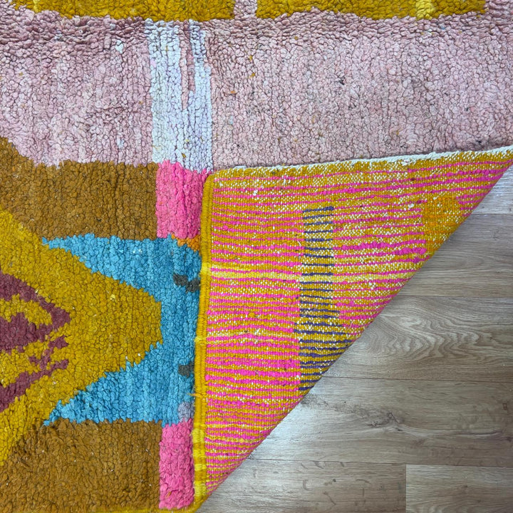 Vintage Moroccan wool rug 8.40 x 5.45 ft Rug 368 with abstract geometric mosaic design in pink, orange, beige, turquoise and earthy tones