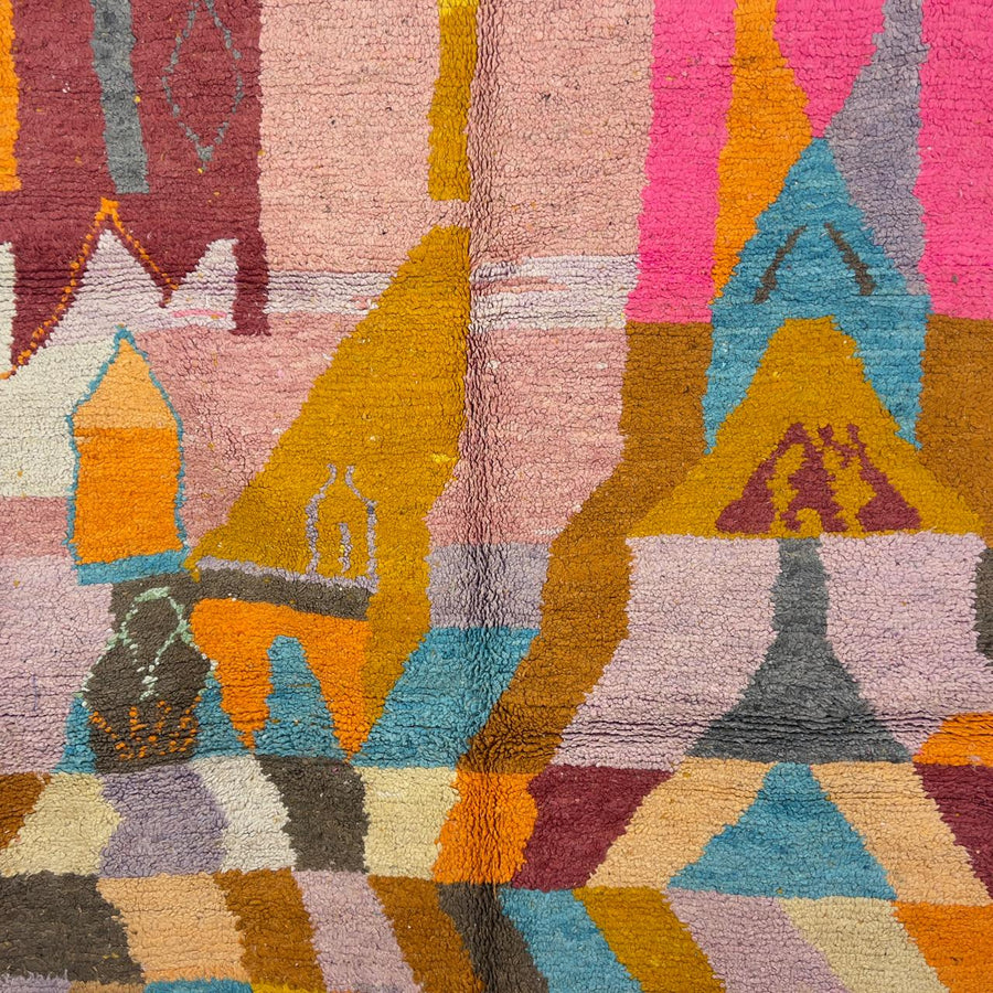 Vintage Moroccan wool rug 8.40 x 5.45 ft Rug 368 with abstract geometric mosaic design in pink, orange, beige, turquoise and earthy tones