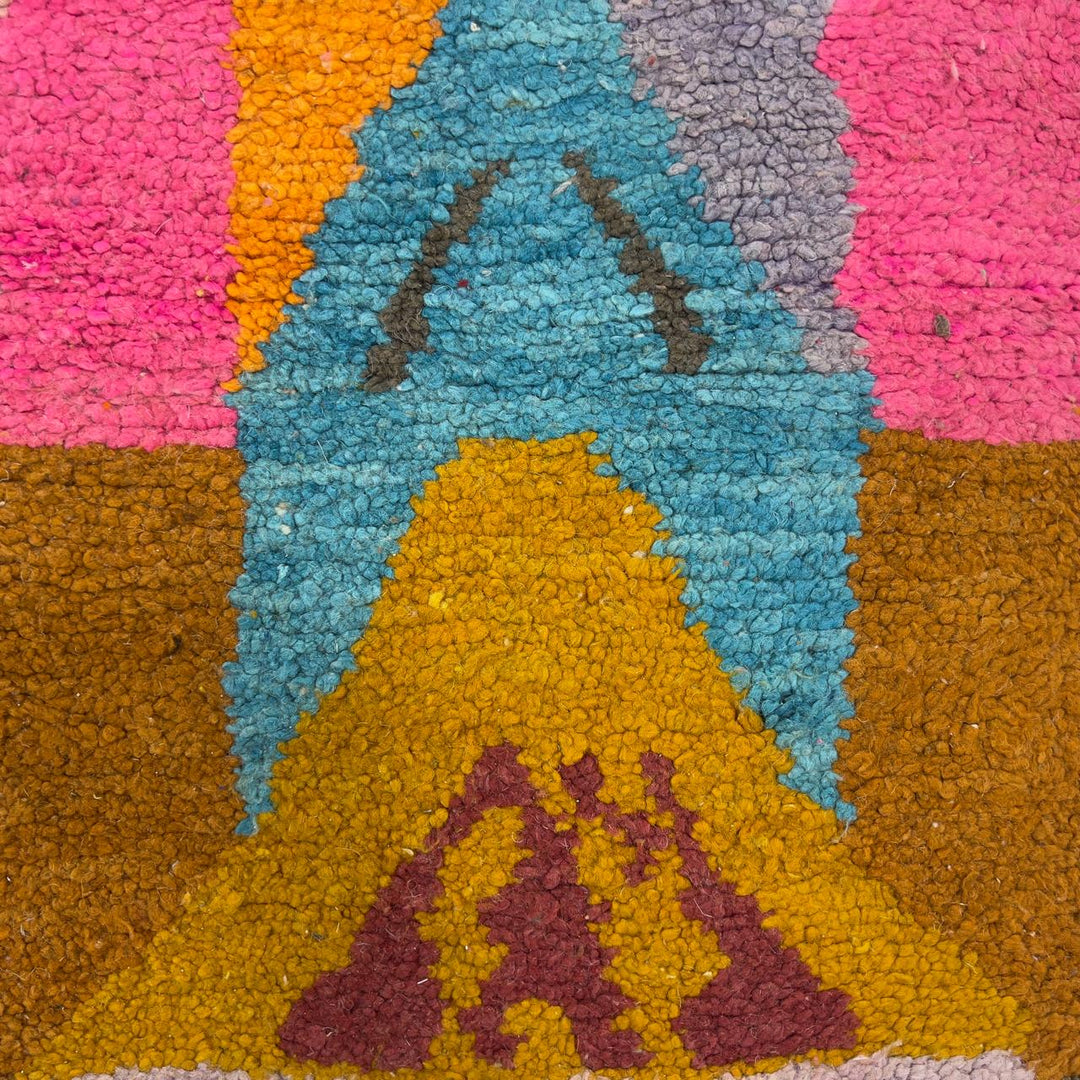 Vintage Moroccan wool rug 8.40 x 5.45 ft Rug 368 with abstract geometric mosaic design in pink, orange, beige, turquoise and earthy tones