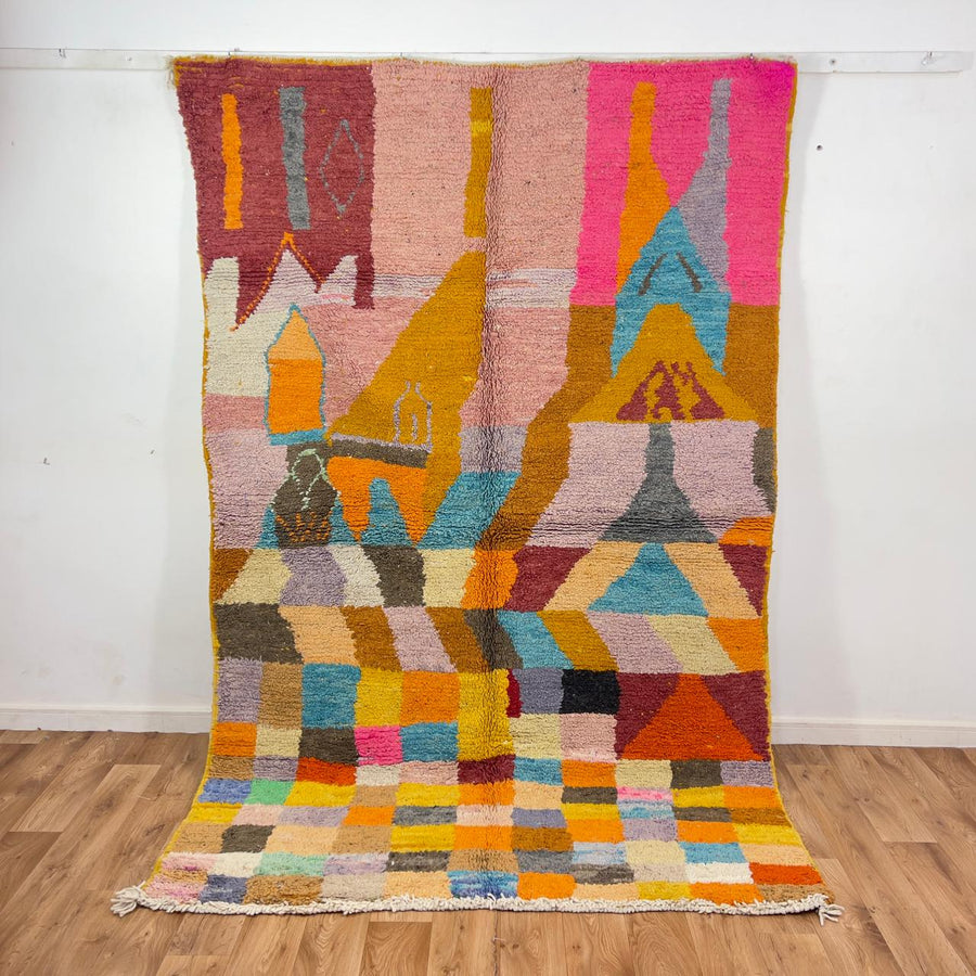 Vintage Moroccan wool rug 8.40 x 5.45 ft Rug 368 with abstract geometric mosaic design in pink, orange, beige, turquoise and earthy tones