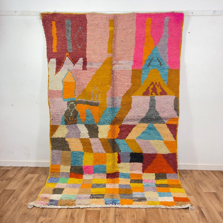 Vintage Moroccan wool rug 8.40 x 5.45 ft Rug 368 with abstract geometric mosaic design in pink, orange, beige, turquoise and earthy tones
