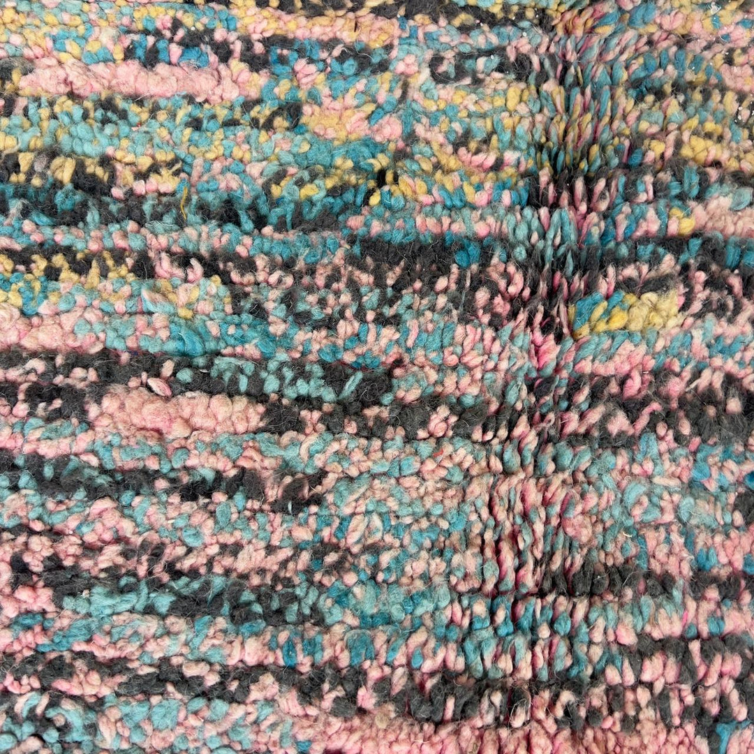 Vintage Moroccan wool rug 8.0 x 5.3 ft with pastel checkered pattern and zigzag design in pink teal and yellow handmade Berber rug