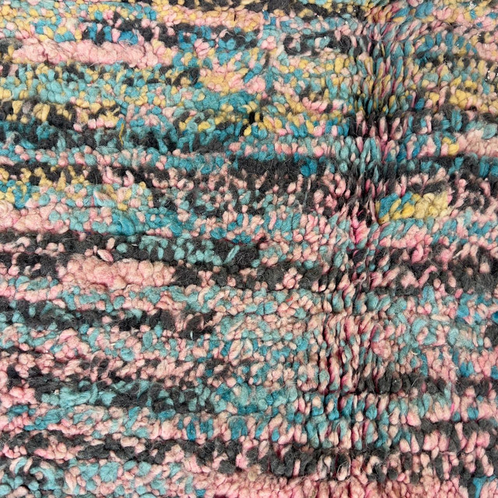 Vintage Moroccan wool rug 8.0 x 5.3 ft with pastel checkered pattern and zigzag design in pink teal and yellow handmade Berber rug