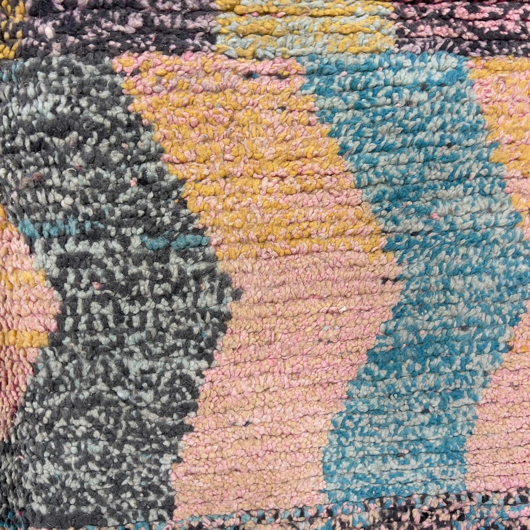 Vintage Moroccan wool rug 8.0 x 5.3 ft with pastel checkered pattern and zigzag design in pink teal and yellow handmade Berber rug