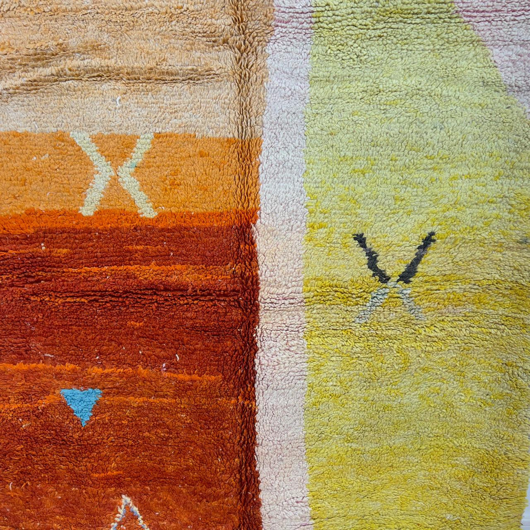 Vintage Moroccan wool rug with abstract color block design in orange, yellow and cream handmade Berber rug