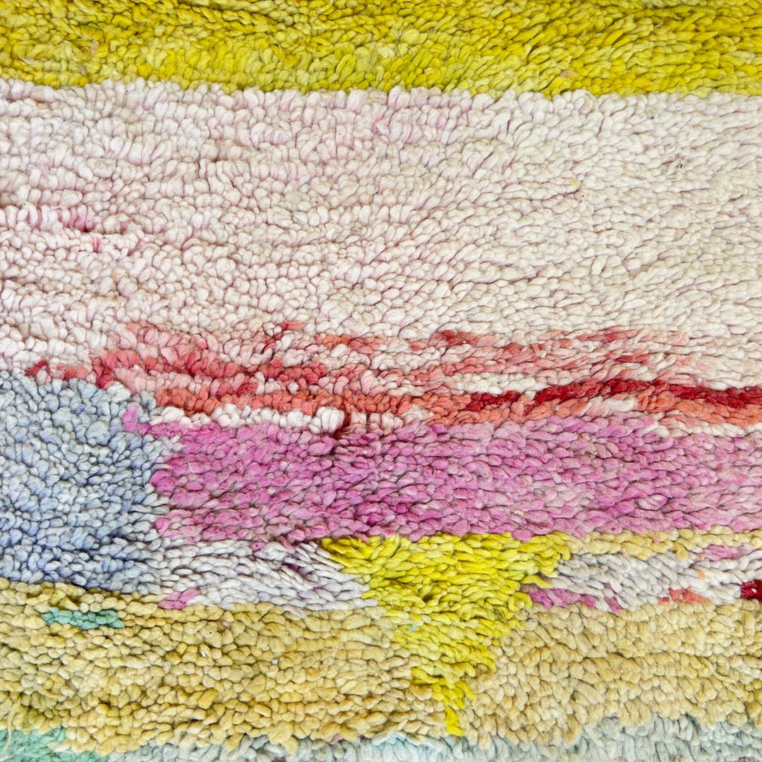 Vintage Moroccan wool rug with abstract color block design in orange, yellow and cream handmade Berber rug