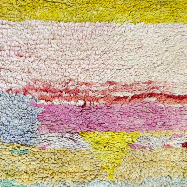 Vintage Moroccan wool rug with abstract color block design in orange, yellow and cream handmade Berber rug