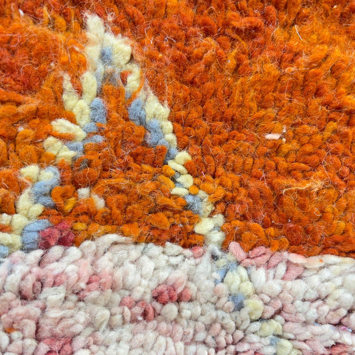 Vintage Moroccan wool rug with abstract color block design in orange, yellow and cream handmade Berber rug