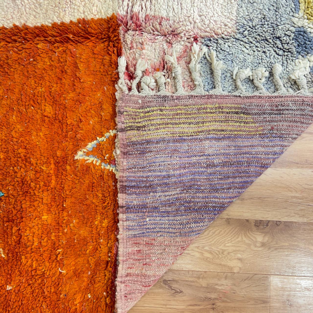 Vintage Moroccan wool rug with abstract color block design in orange, yellow and cream handmade Berber rug