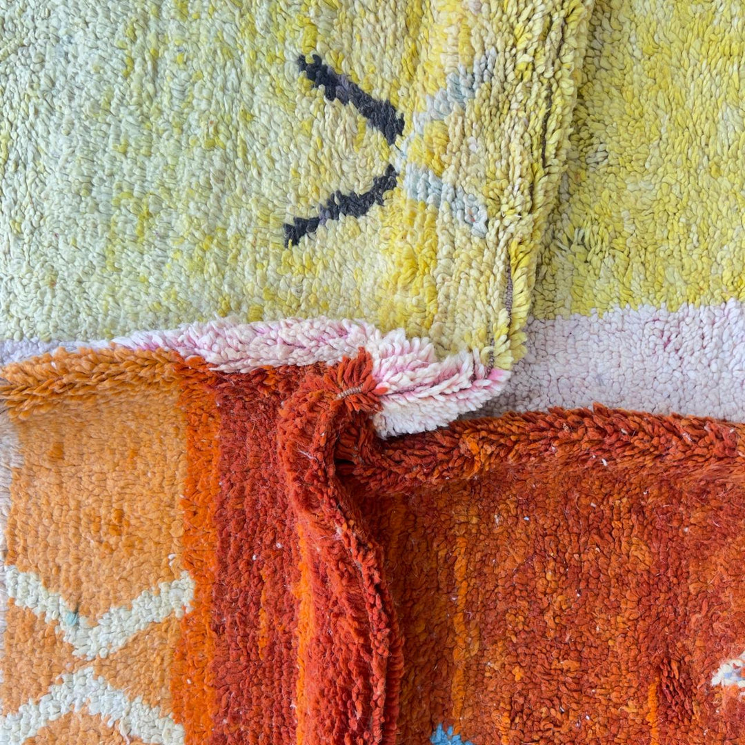 Vintage Moroccan wool rug with abstract color block design in orange, yellow and cream handmade Berber rug