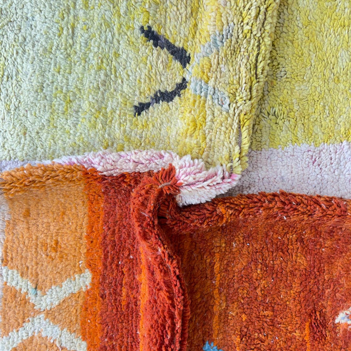 Vintage Moroccan wool rug with abstract color block design in orange, yellow and cream handmade Berber rug
