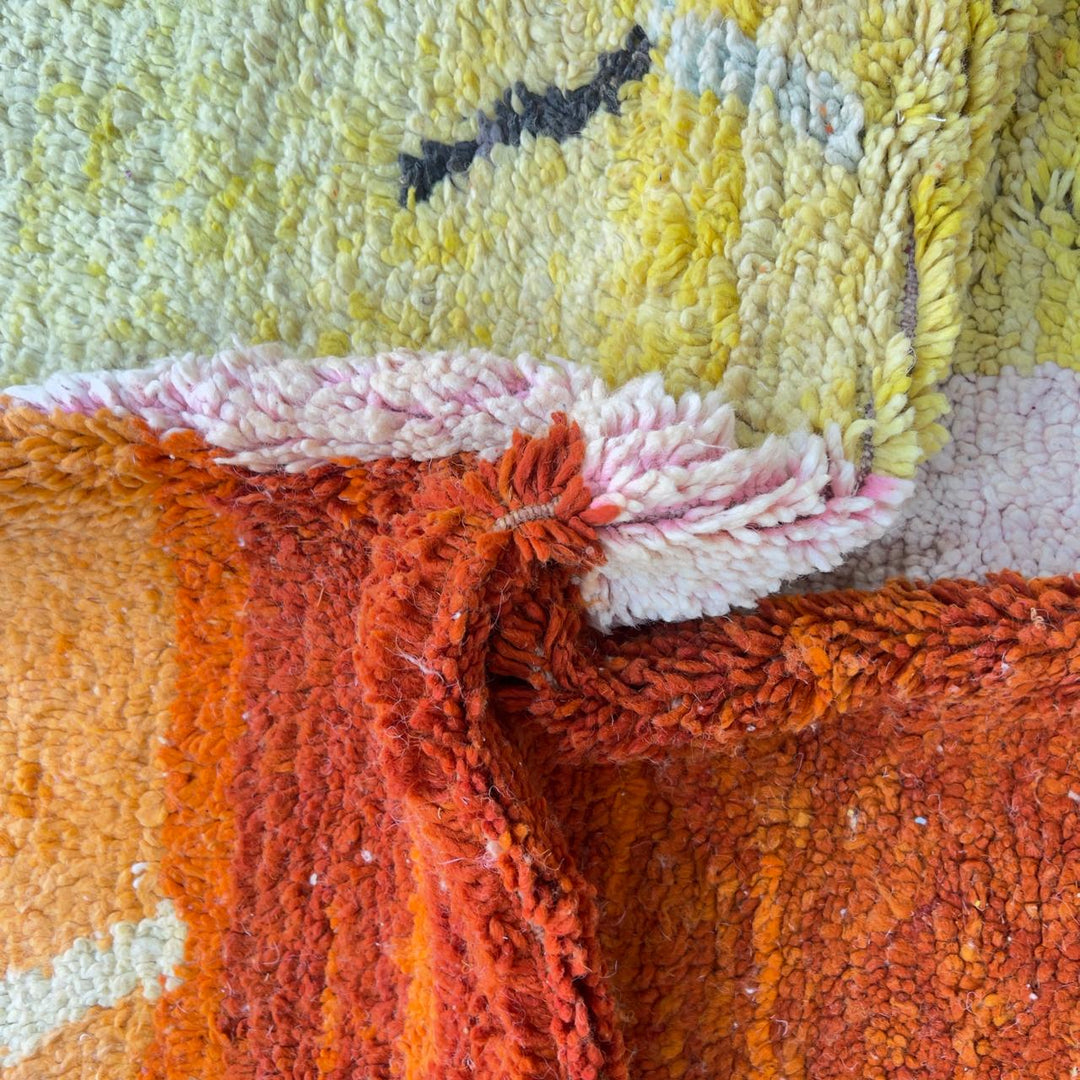 Vintage Moroccan wool rug with abstract color block design in orange, yellow and cream handmade Berber rug
