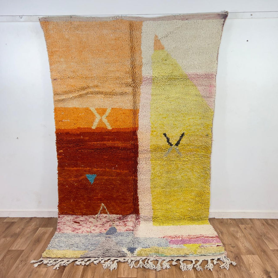 Vintage Moroccan wool rug with abstract color block design in orange, yellow and cream handmade Berber rug