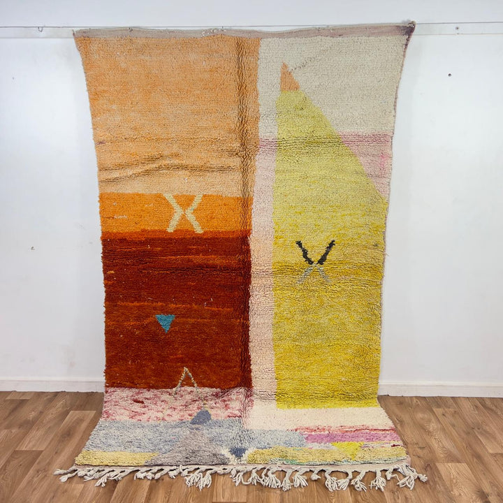 Vintage Moroccan wool rug with abstract color block design in orange, yellow and cream handmade Berber rug