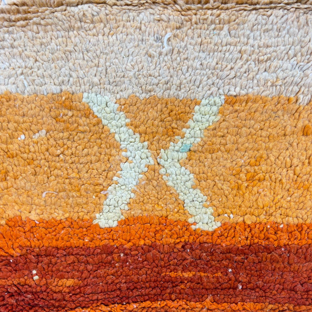 Vintage Moroccan wool rug with abstract color block design in orange, yellow and cream handmade Berber rug