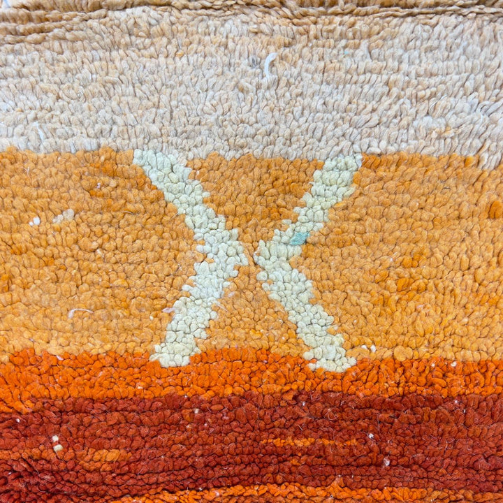 Vintage Moroccan wool rug with abstract color block design in orange, yellow and cream handmade Berber rug