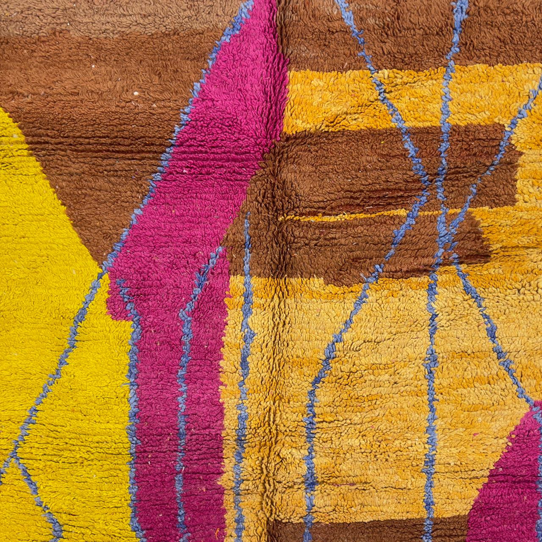 Vintage Moroccan wool rug with colorful patchwork geometric design in pink, blue, yellow and green tones, handmade Berber rug 8x5 ft