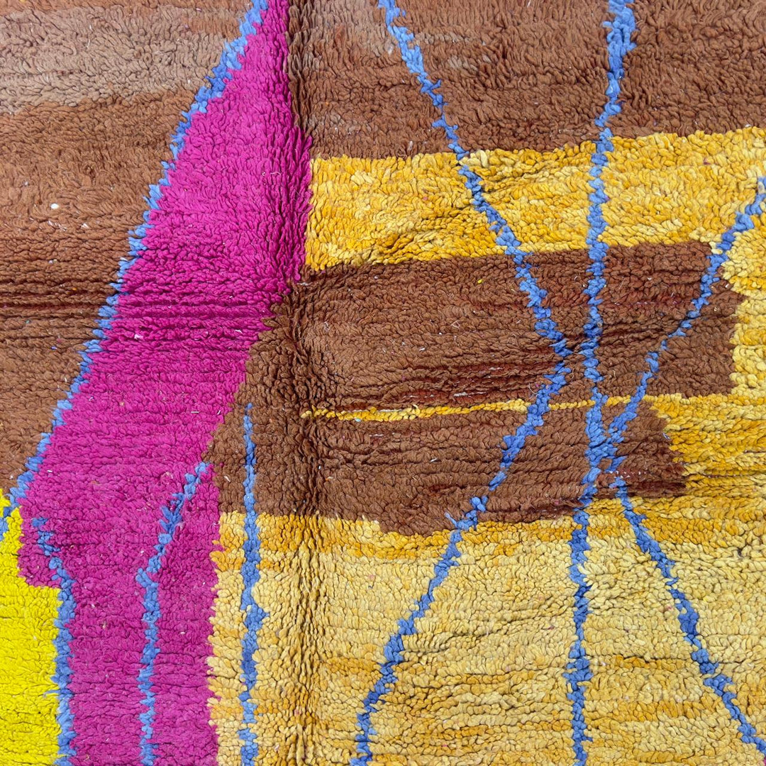 Vintage Moroccan wool rug with colorful patchwork geometric design in pink, blue, yellow and green tones, handmade Berber rug 8x5 ft