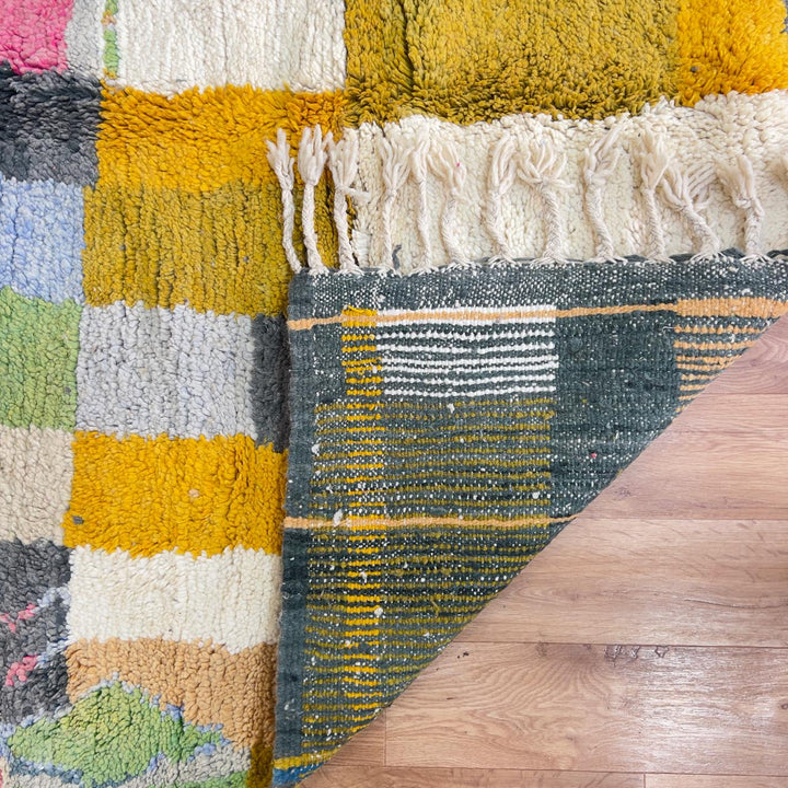 Vintage Moroccan wool rug with colorful stripes and geometric blocks handmade Berber rug