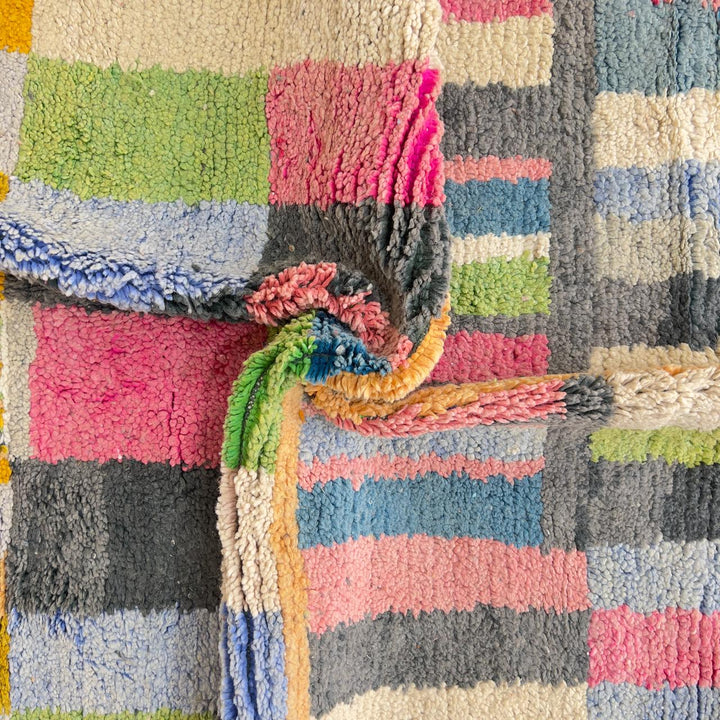 Vintage Moroccan wool rug with colorful stripes and geometric blocks handmade Berber rug