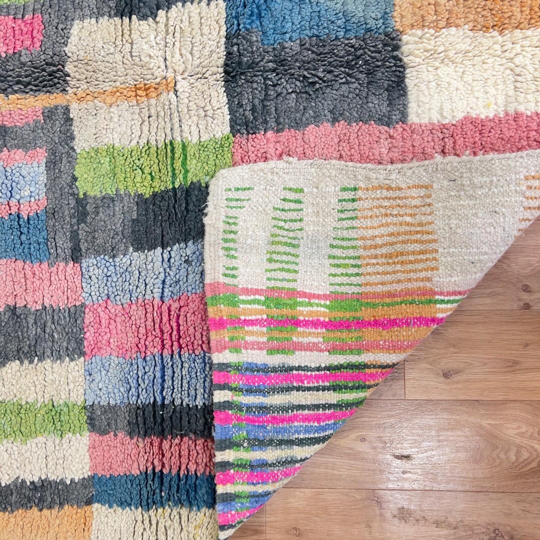 Vintage Moroccan wool rug with colorful stripes and geometric blocks handmade Berber rug