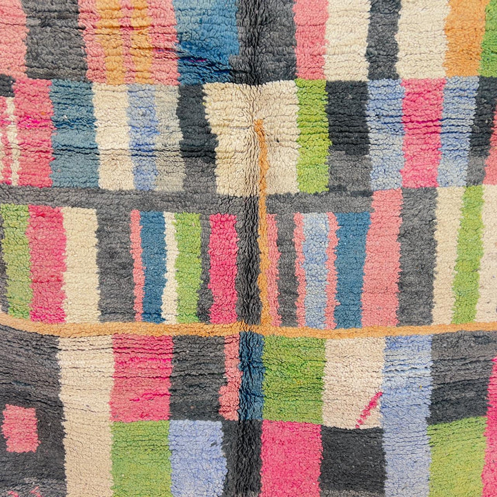 Vintage Moroccan wool rug with colorful stripes and geometric blocks handmade Berber rug