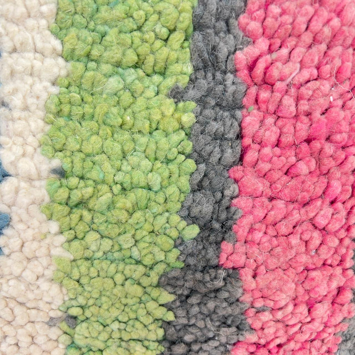 Vintage Moroccan wool rug with colorful stripes and geometric blocks handmade Berber rug