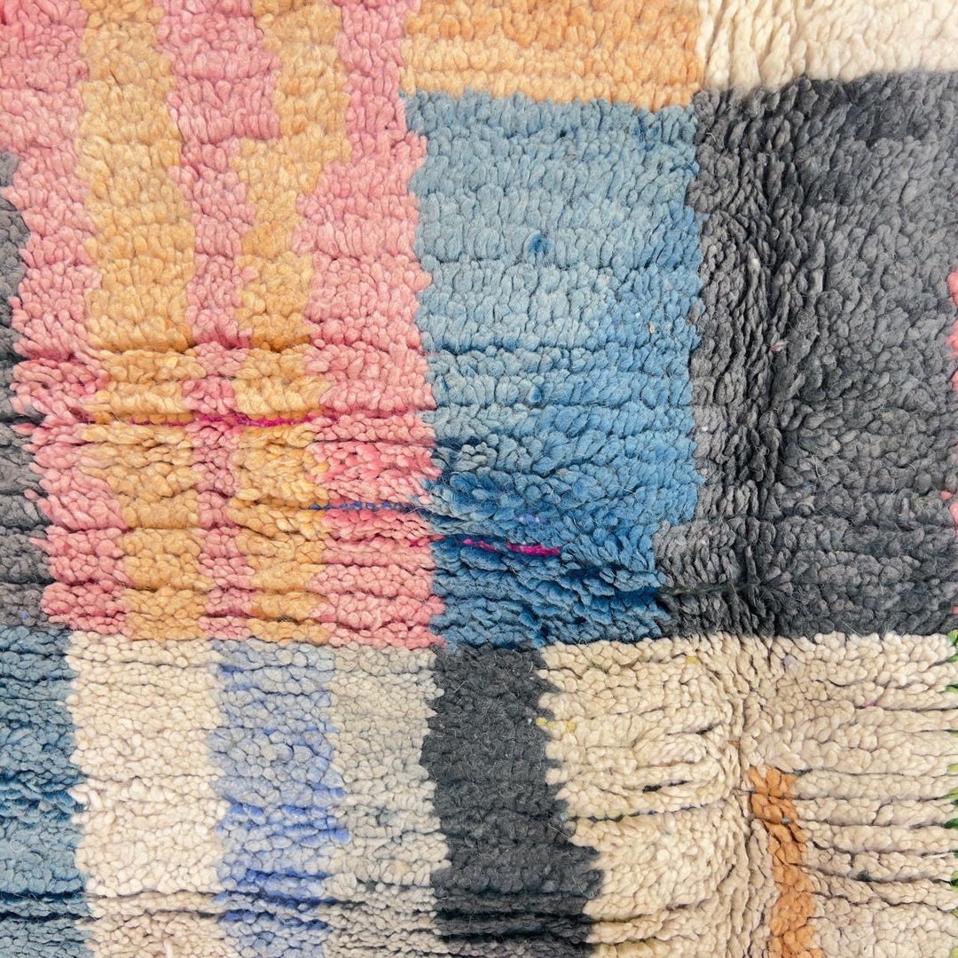 Vintage Moroccan wool rug with colorful stripes and geometric blocks handmade Berber rug