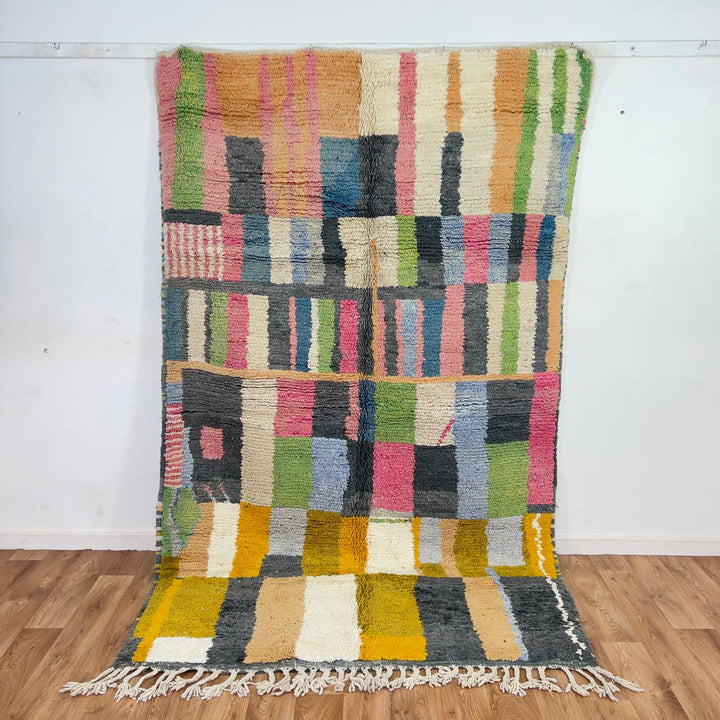 Vintage Moroccan wool rug with colorful stripes and geometric blocks handmade Berber rug