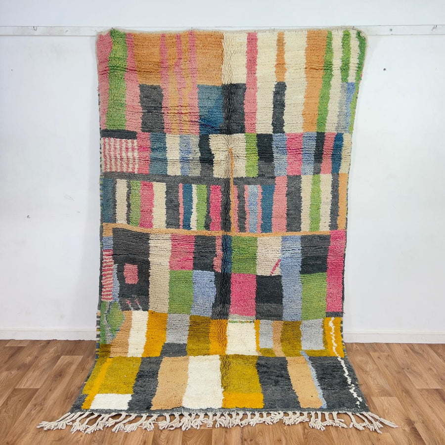Vintage Moroccan wool rug with colorful stripes and geometric blocks handmade Berber rug