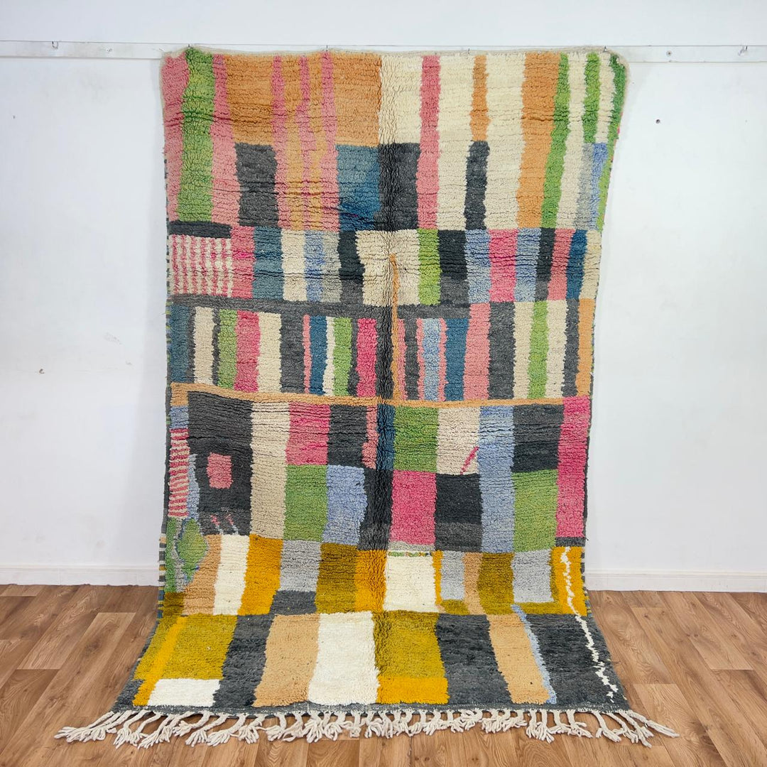 Vintage Moroccan wool rug with colorful stripes and geometric blocks handmade Berber rug
