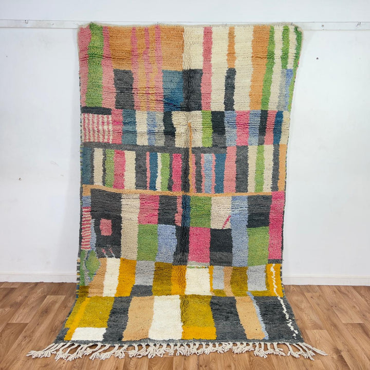 Vintage Moroccan wool rug with colorful stripes and geometric blocks handmade Berber rug