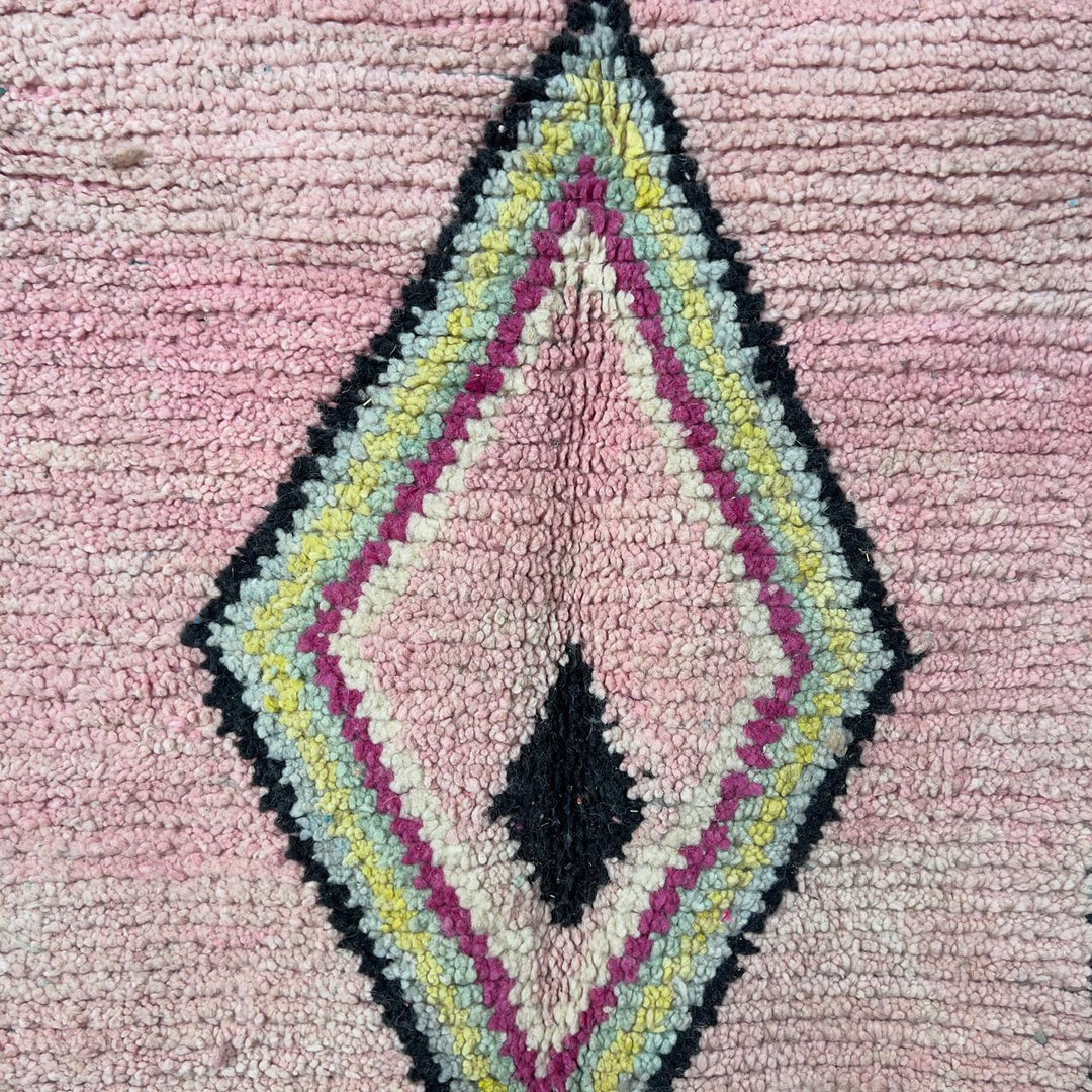 Vintage Moroccan wool rug 8.20 x 5.12 ft Rug 46 featuring central diamond motif with pastel patchwork design in pink, green, cream, and brown tones