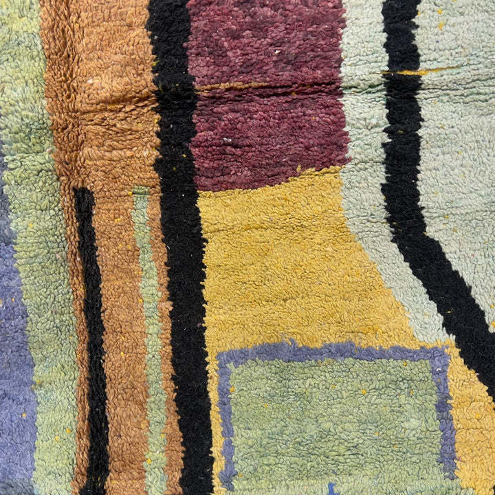 Vintage Moroccan wool rug 8.46 x 5.38 ft with abstract geometric design in blue yellow green and cream handmade Berber rug
